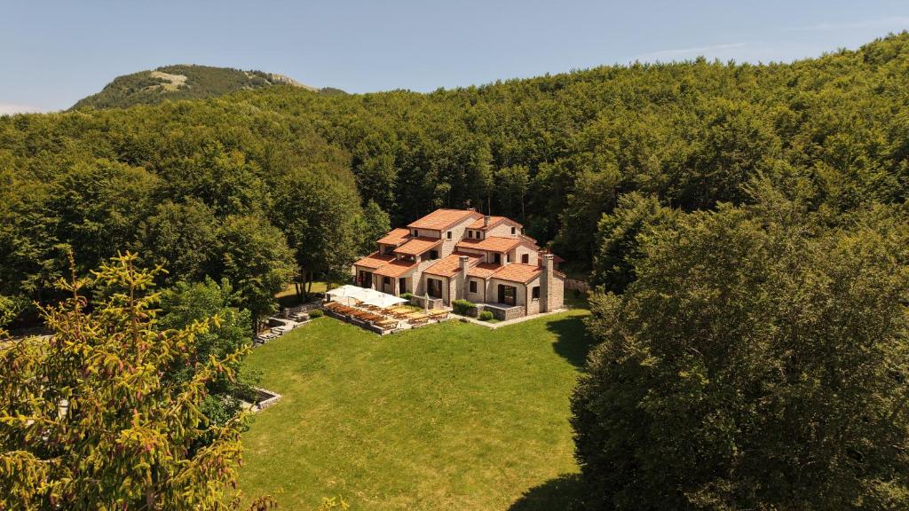 an aerial view of a large house in the woods at Hotel Ivanov Konak i Depadans Palac in Cetinje