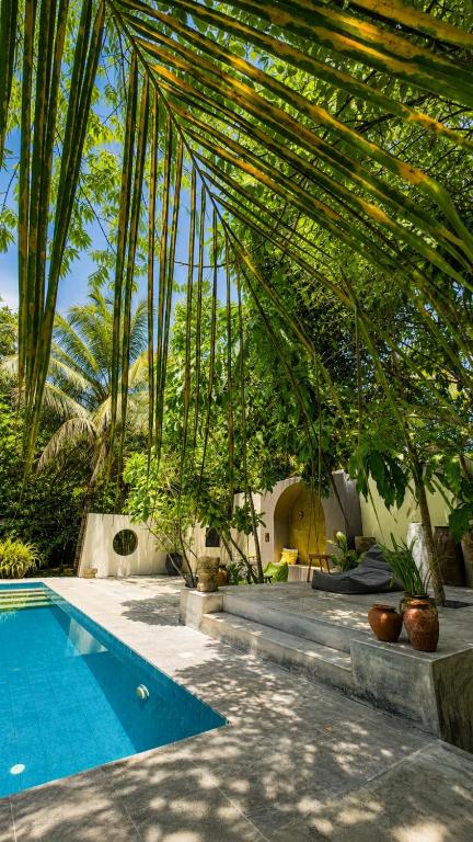 a backyard with a swimming pool and a palm tree at Richards Cabanas in Tissamaharama