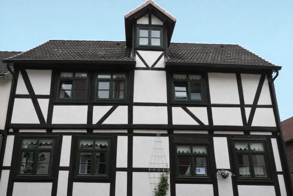a white and black building with black windows at Fachwerkhaus Bodenwerder in Bodenwerder