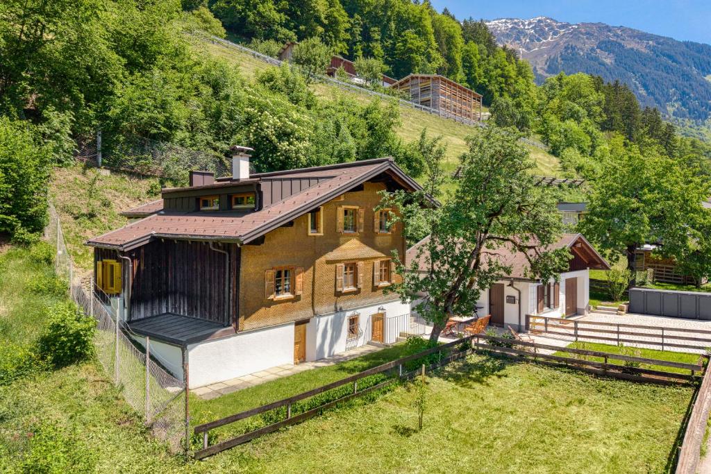 an aerial view of a house in the mountains at Ferienhaus Victoria in Schruns