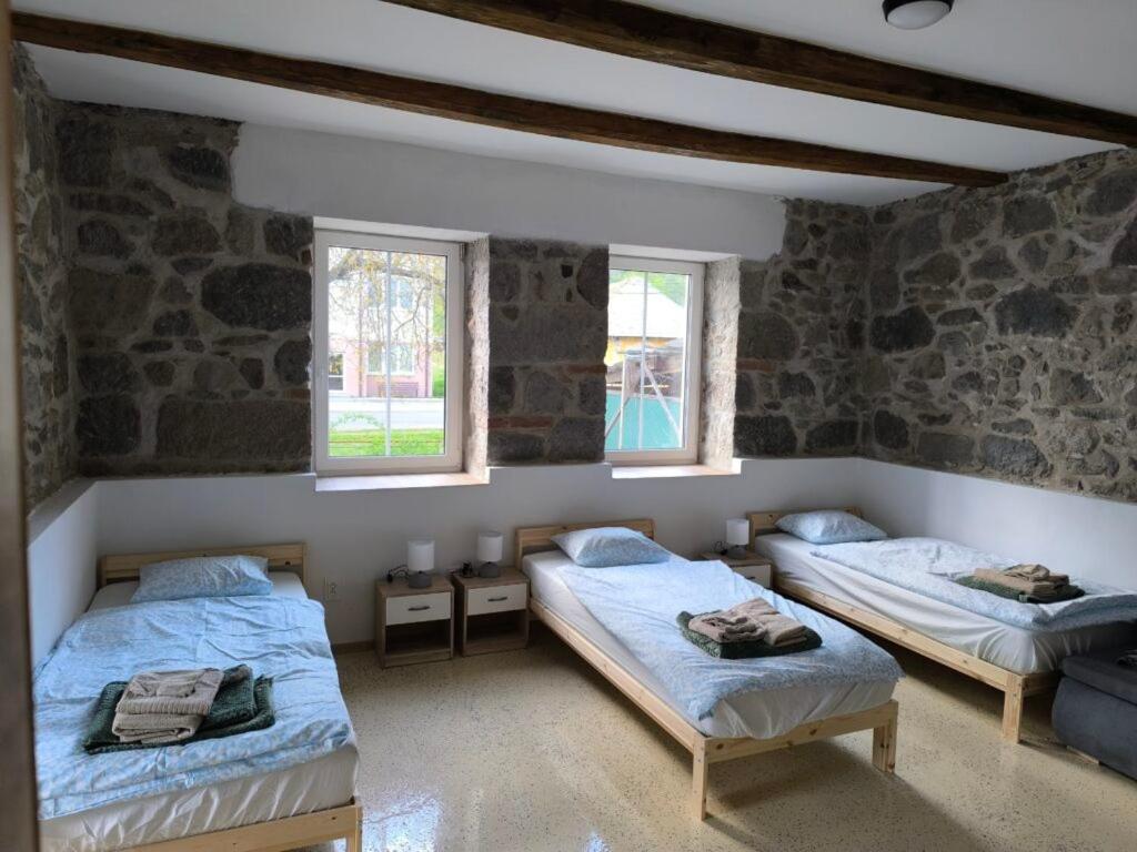 two beds in a room with two windows at Ubytovanie u richtára in Čekovce
