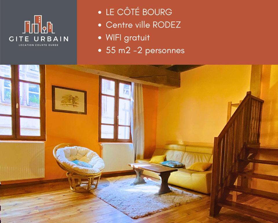 a living room with a couch and a stair case at GITE URBAIN - Côté bourg in Rodez