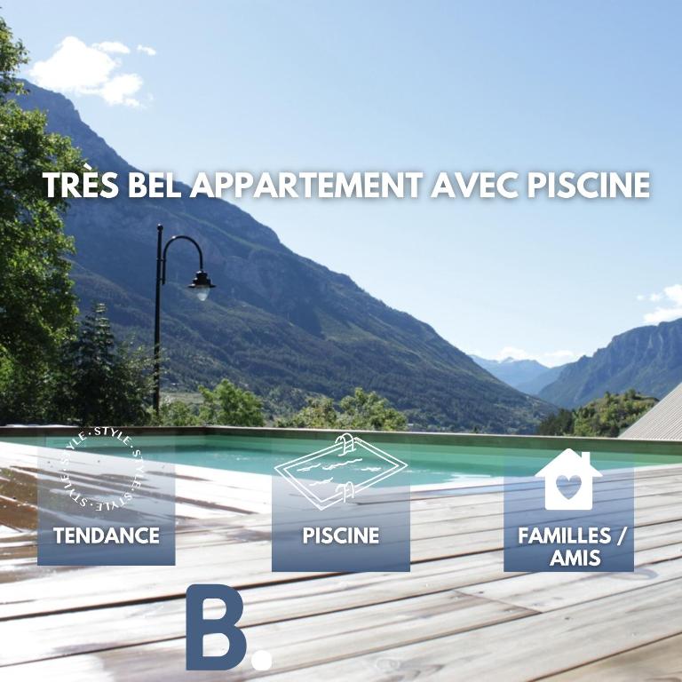 a sign that reads trees be bement improvement average pressure and a lake at Très bel appartement, Parc national des Écrins, piscine et terrasse in Les Vigneaux
