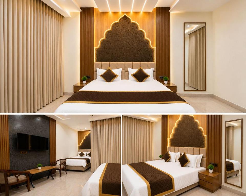 a hotel room with a bed and a tv at Hotel Kanta Kuteer Barsana in Barsāna