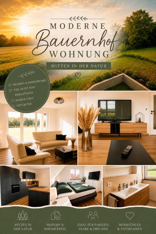 a collage of pictures of a living room with a tv at Moderne Bauernhof Wohnung mitten in der Natur in Emtmannsberg