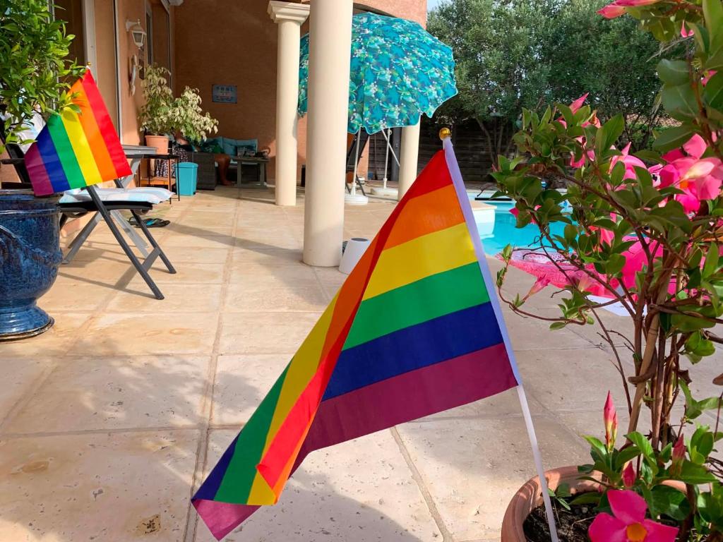 a rainbow flag sitting on a patio next to a plant at Villa Flamingo GAYmen only b&b in Marseillan
