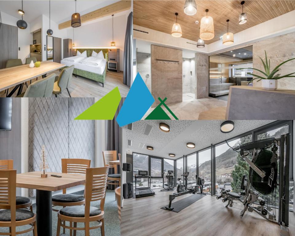 a collage of photos of a living room and dining room at Camping Sölden Apartments in Sölden