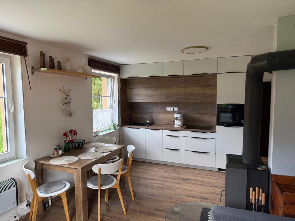 a kitchen with a table and chairs in a room at APARTMENT OWL in Kořenov