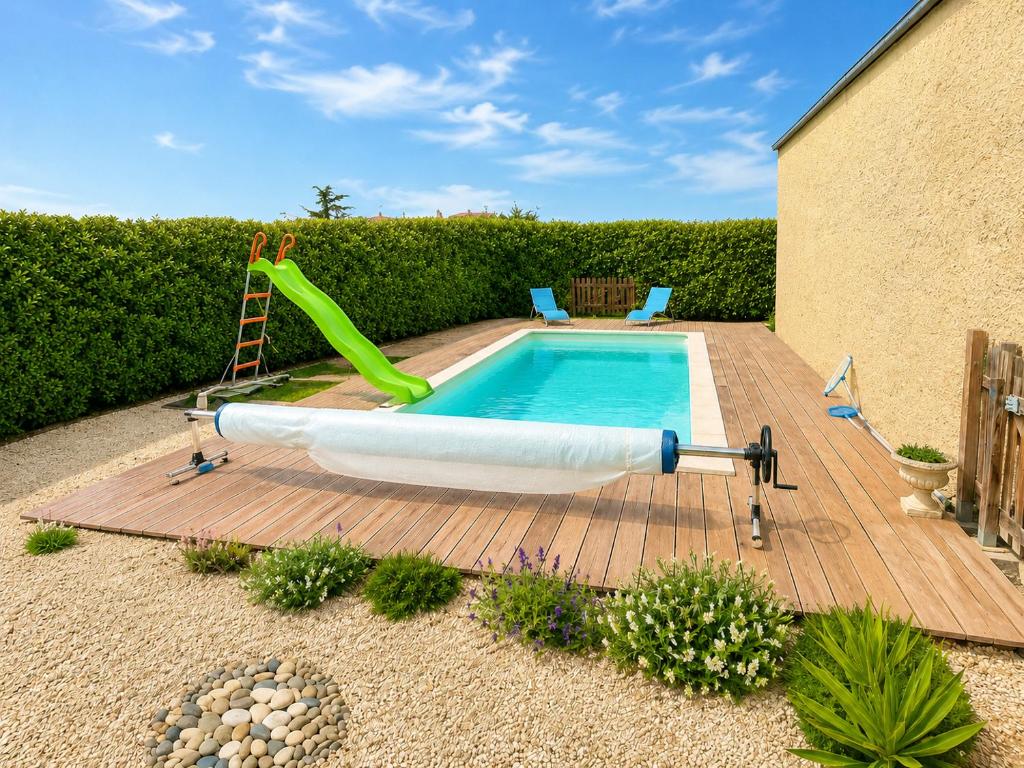 a pool with a green slide next to a wooden deck at " Parenthèse Muretaine " Terrasse - Piscine - Wifi in Muret