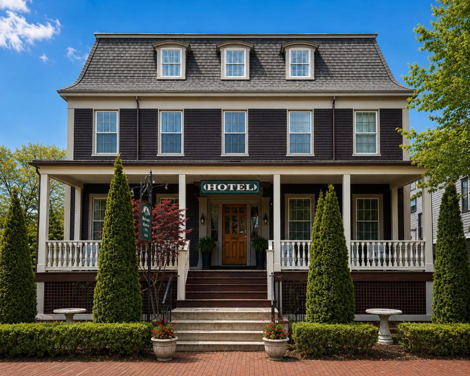 a black house with a porch and a front door at Bellevue Manor in Newport