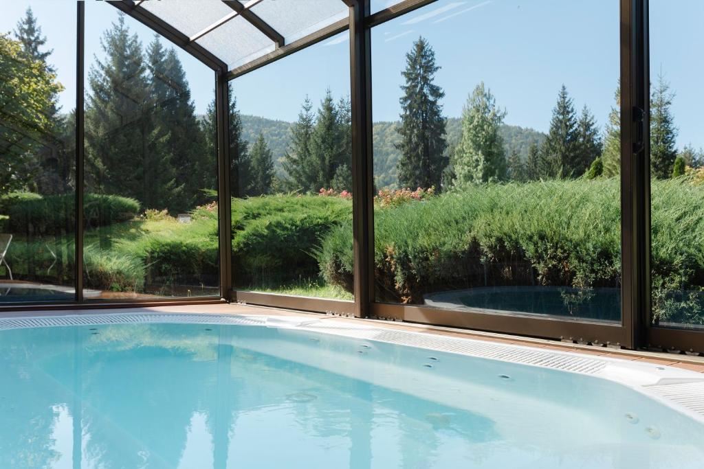 a swimming pool with a view of the mountains at Hotel Clermont in Covasna