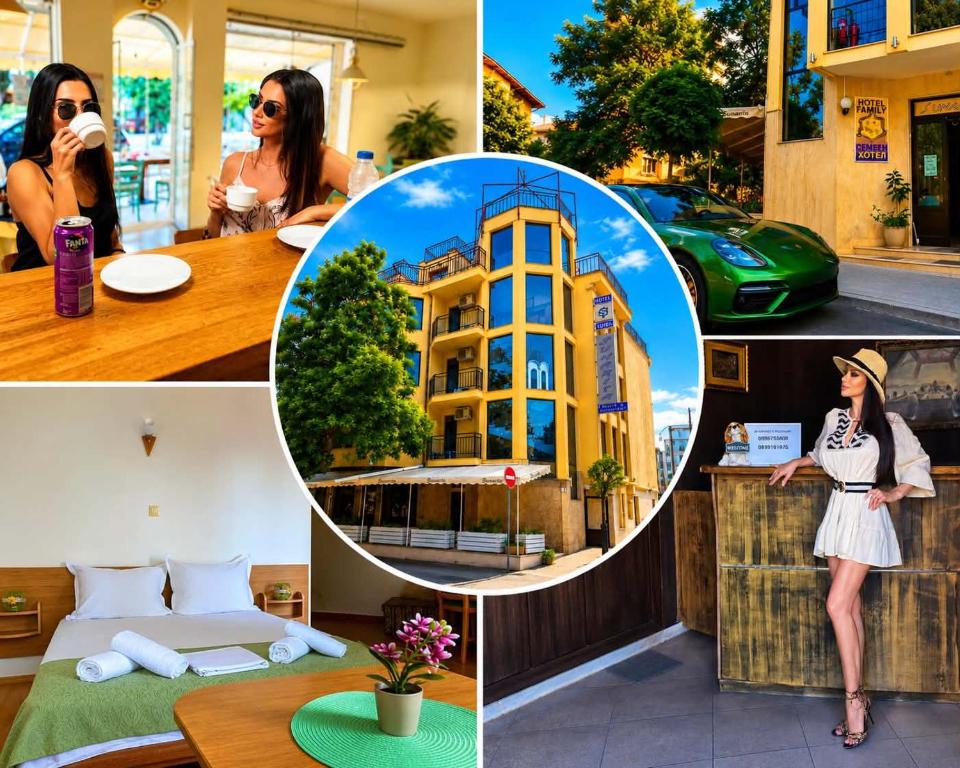 a collage of photos with a woman and a hotel at Хотел ЗОНАРИТА in Primorsko