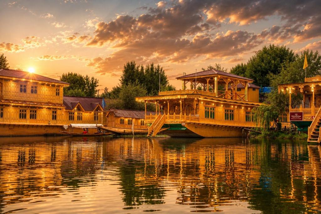 a bridge over a body of water with buildings at Dilnaaz Group Of Houseboats in Srinagar