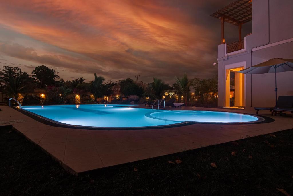 a swimming pool at night with a sky at Paddyway Resort in Arugam Bay