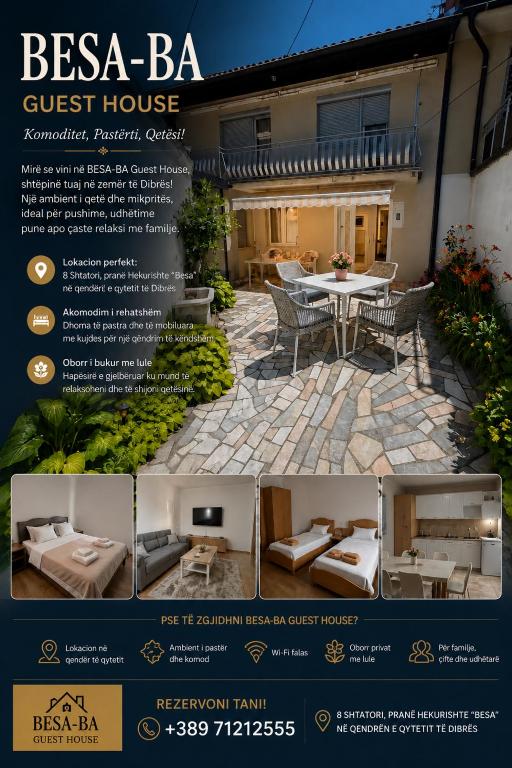 a flyer for a guest house with a patio at Villa BESA - BA Debar in Debar