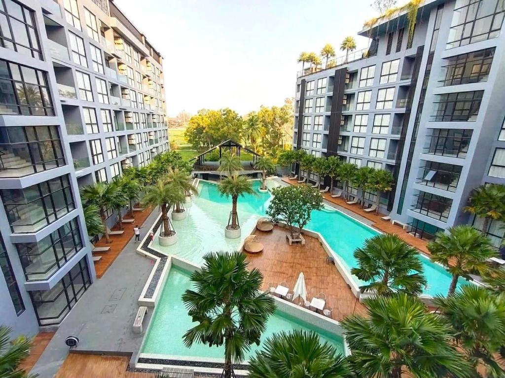 an overhead view of a large swimming pool with palm trees at The Kamala View in Kamala Beach
