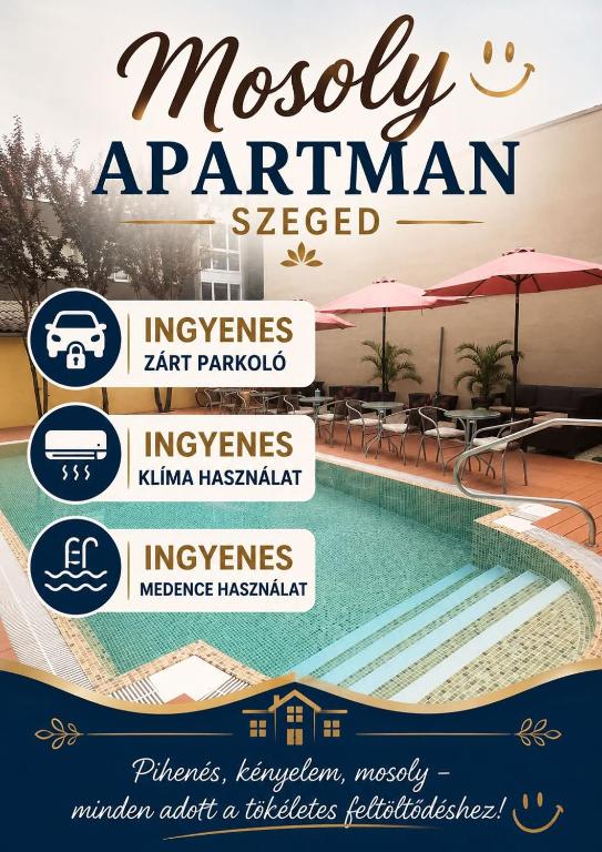 a flyer for a moroccan restaurant with a swimming pool at Mosoly Apartman in Szeged