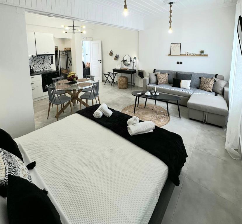 a large living room with a couch and a living room at VRACHOS HOUSE "In the heart of Skopelos Town" in Skopelos Town
