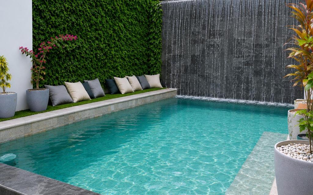 a swimming pool in a backyard with a retaining wall at Las Naveiras in Tamarindo