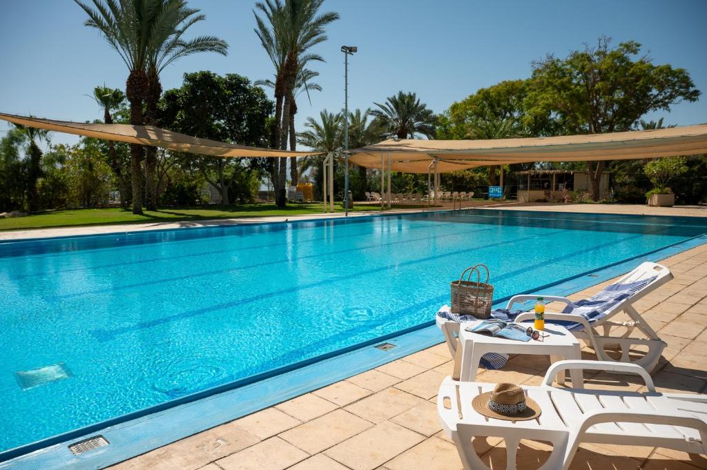 a swimming pool with two chairs and umbrellas at כפר נופש קלי"ה ים המלח in Kalia