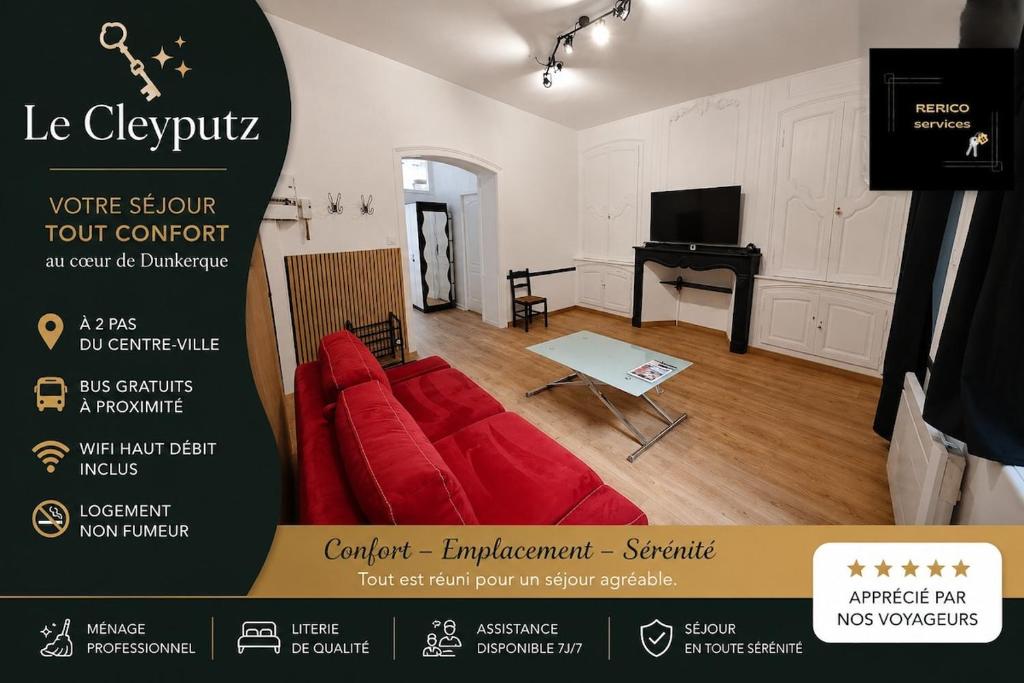 a room with a red couch and a piano at Le Cleyputz in Dunkerque
