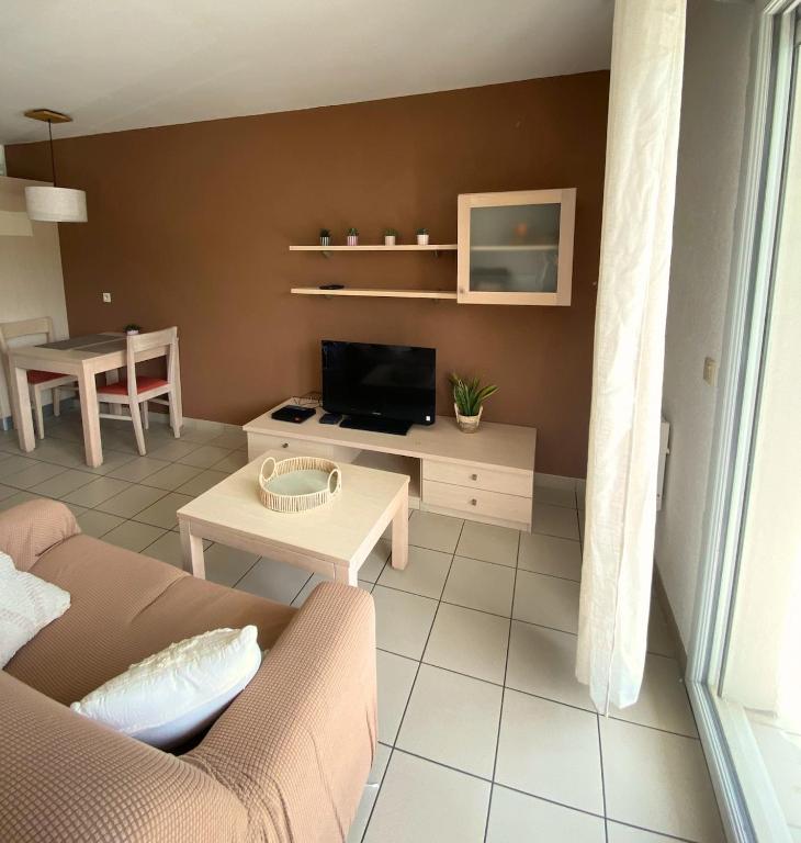 a living room with a couch and a table at Studio climatisé proche du lac in Divonne-les-Bains