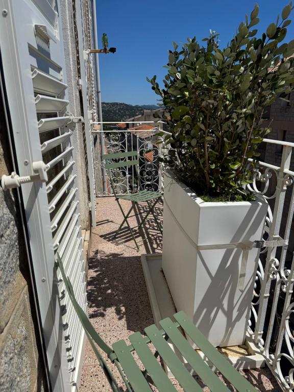 a green bench sitting on a balcony with a potted plant at L'Annexe Apparthôtel Porto Vecchio, 4 étoiles in Porto-Vecchio