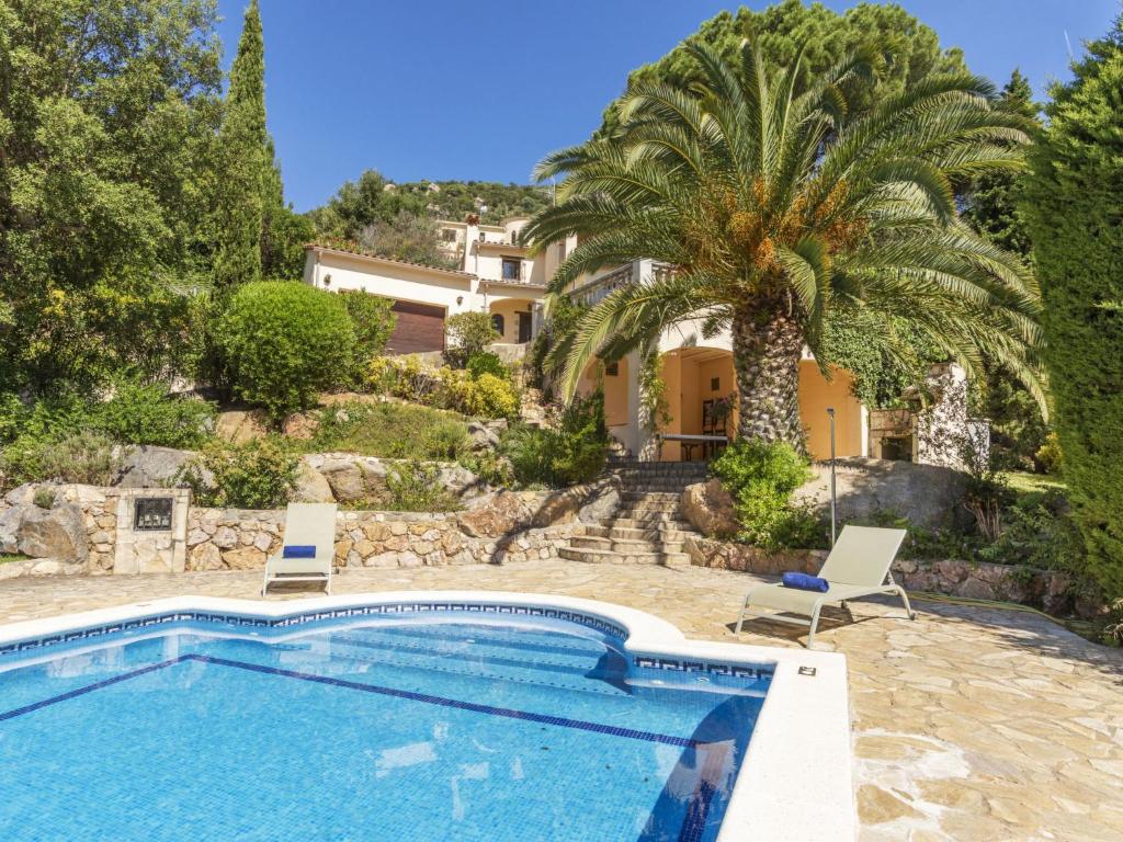a swimming pool in front of a house with a palm tree at Villa Venecia by Interhome in Calonge