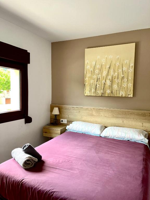 a bedroom with a large bed with a purple blanket at Villa Montserrat in Bagá