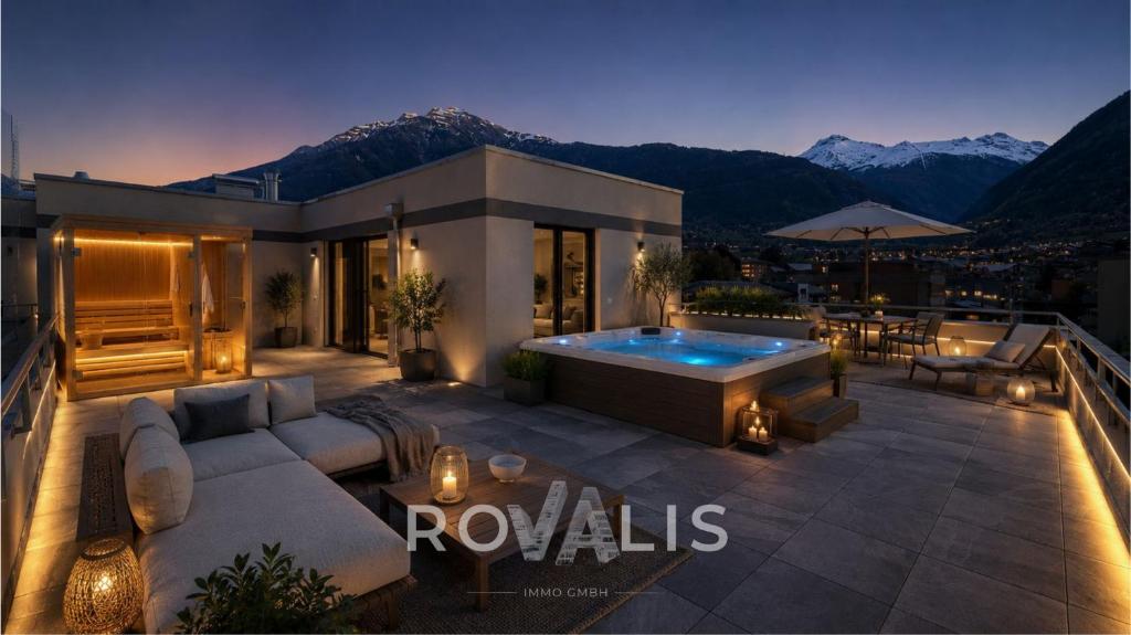 a house with a patio with a swimming pool at Private Panorama Spa Brig in Brig