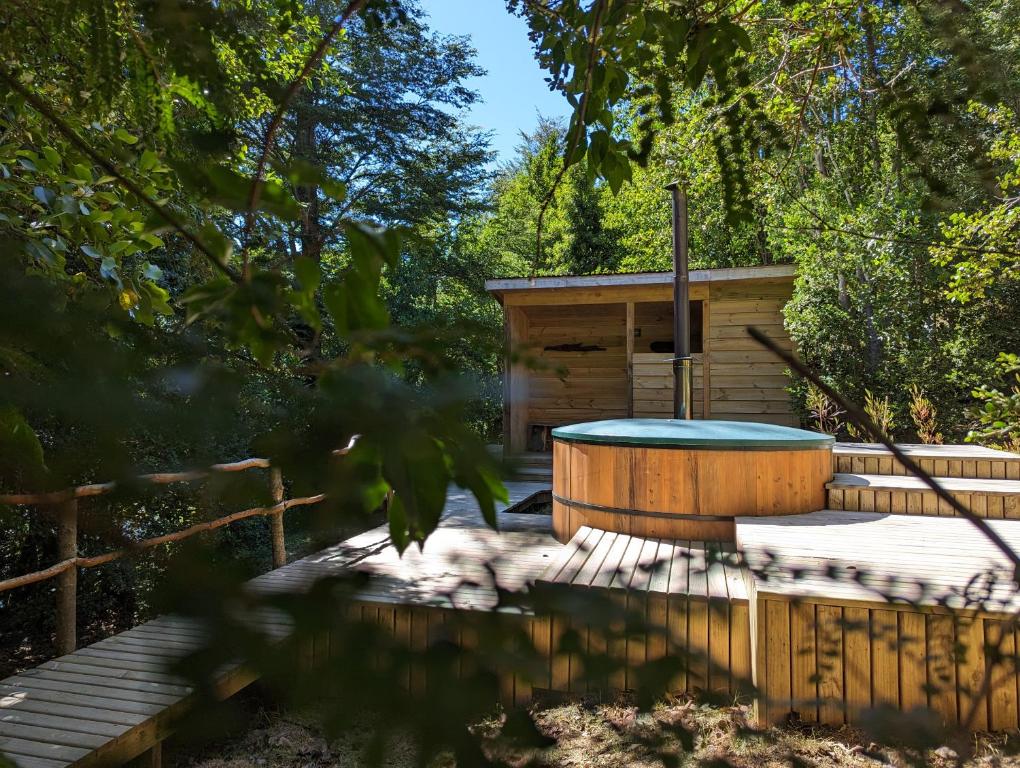 a wooden cabin with a hot tub in the woods at Complejo Kari Mapu Park in Pucón