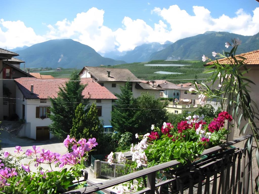 a view from the balcony of a village with flowers at Agriturismo Odorizzi in Tassullo