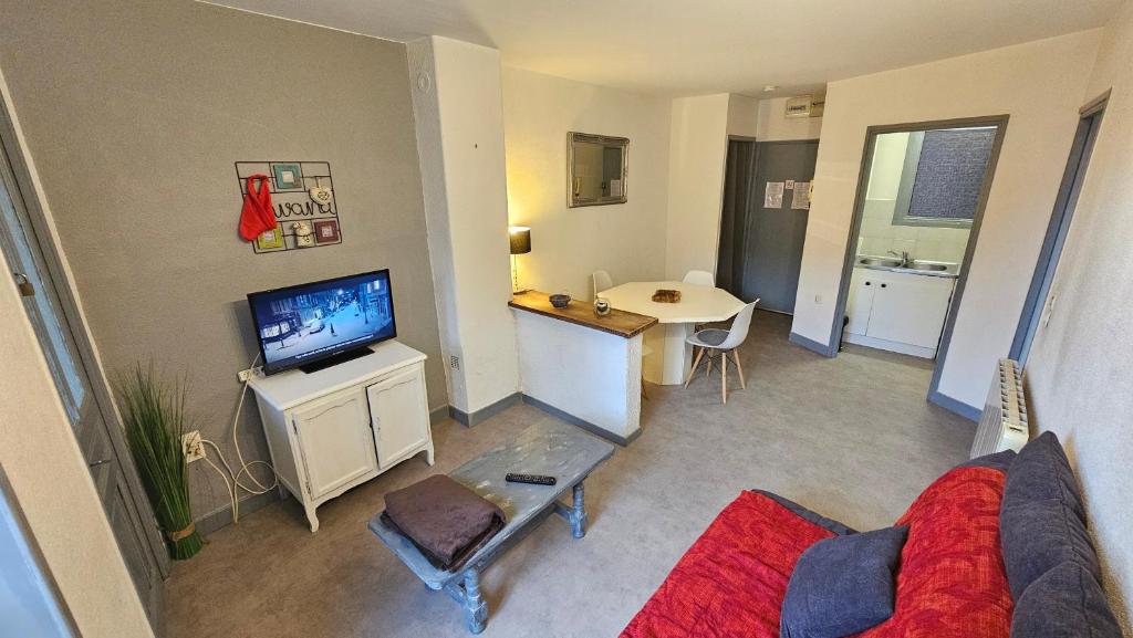 a living room with a couch and a tv and a table at Appart hôtel Roanne hyper centre ville in Roanne
