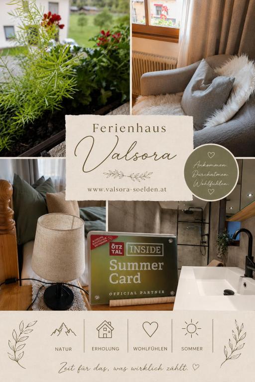 a collage of photos with a box of furniture and a sign at Ferienhaus Valsora in Sölden