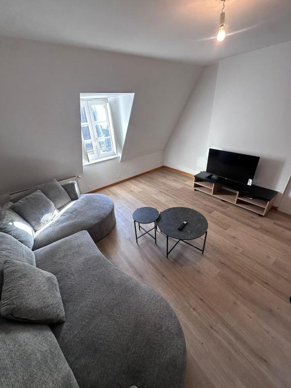 a living room with a couch and a tv at Le Perchoir in Chalon-sur-Saône