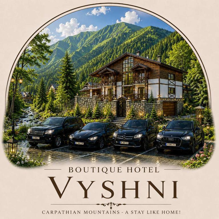 a picture of a house with cars parked in front at Boutique-Hotel "Vyshni" in Bukovel