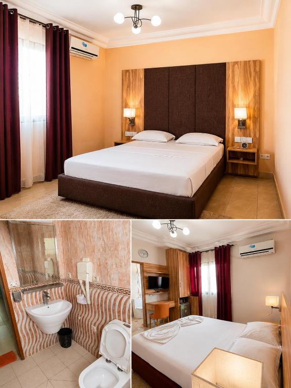 two pictures of a hotel room with a bed and a bathroom at New Land Sarl in Douala
