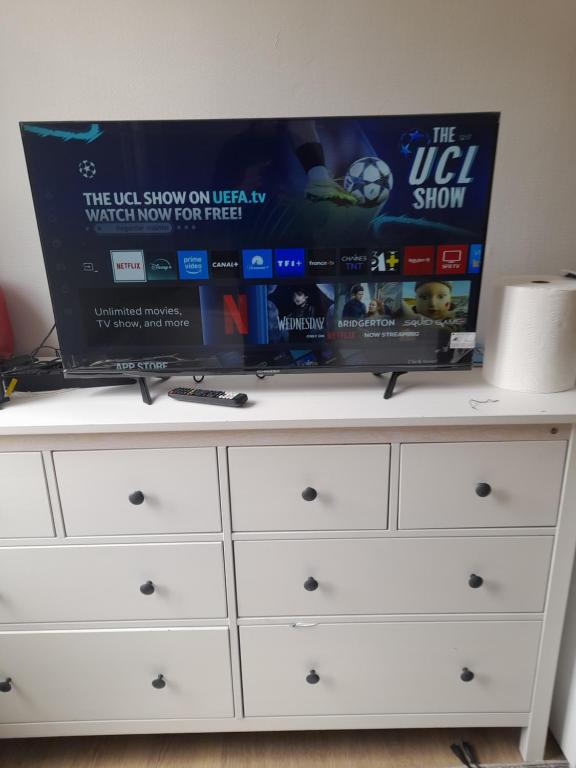 a tv sitting on top of a white dresser at S C I TREFLe in Vernon