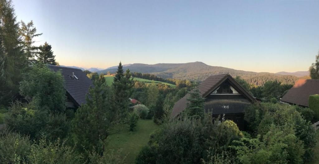 an aerial view of a house with trees and mountains at Ferienpark Vorauf Fepark 53 in Siegsdorf