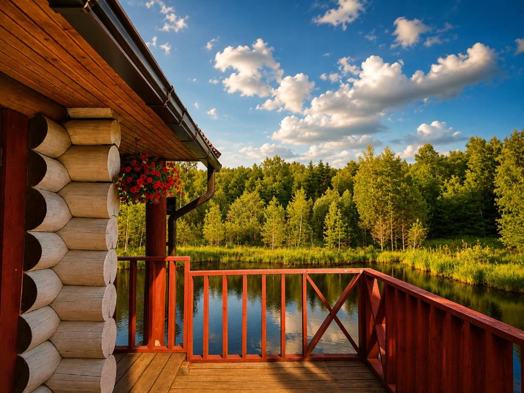 a porch of a cabin with a view of a lake at Peaceful Nature Cottage near Talsi with Hot Tub, Sauna & Pond, Camping Ives in Talsi