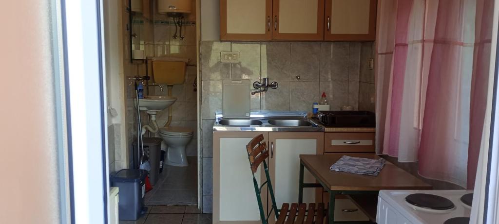 a small kitchen with a sink and a table at Apartman Laura 3 in Kamenari