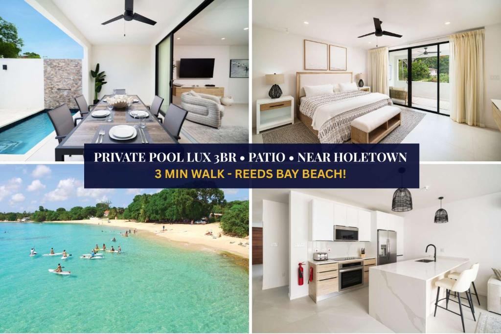 a collage of photos of a villa and a beach at Walk to Beach New Stylish 3BR Pool in Saint James