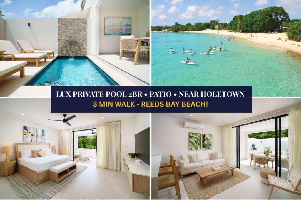 a collage of photos of a villa with a swimming pool at New Stylish 2BR Villa Walk to Beach Pool in Saint James