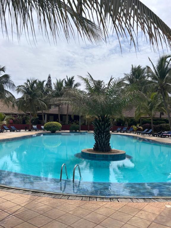 a large swimming pool with a palm tree in the middle at Residence Mangrove Saly in Ngaparou