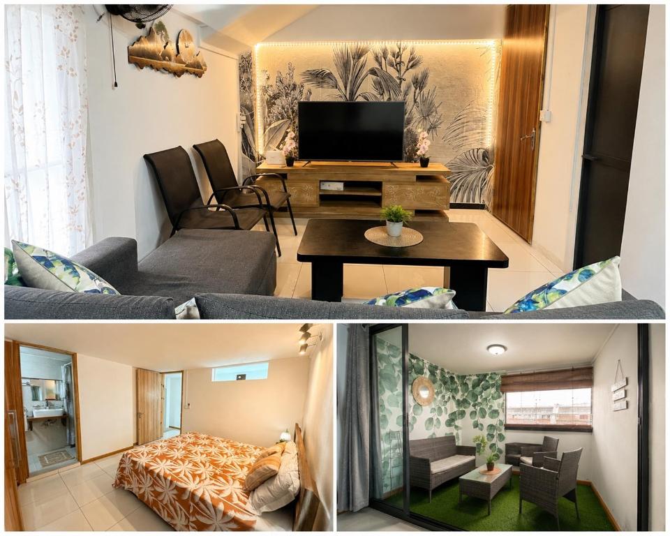 two pictures of a living room and a living room at Seaside View Terrace Apartment in Mauritius