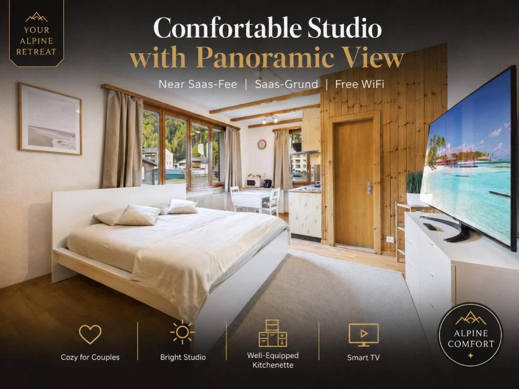 a poster of a bedroom with a bed and a tv at Comfortable studio with balcony and panoramic view in Saas-Grund