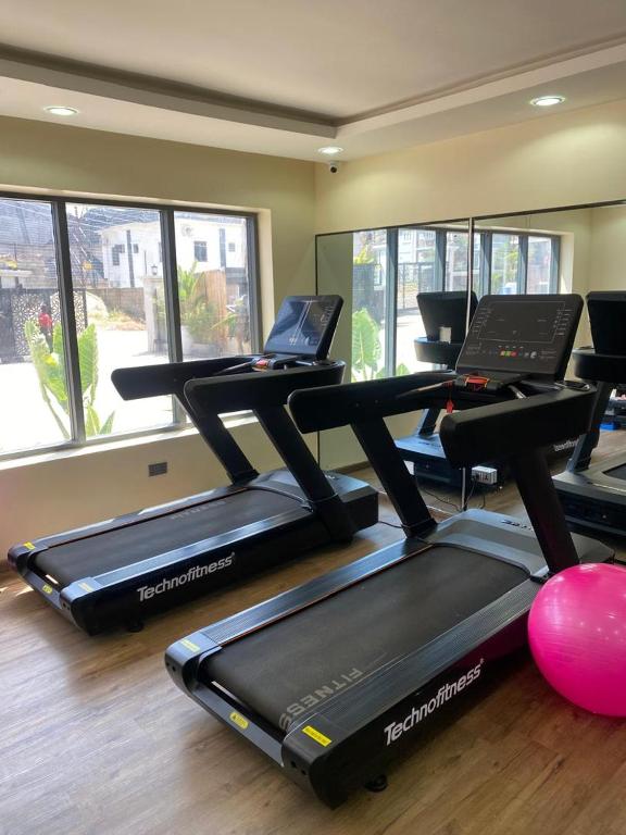 a gym with several treadmills in a room with windows at Valley in Kado