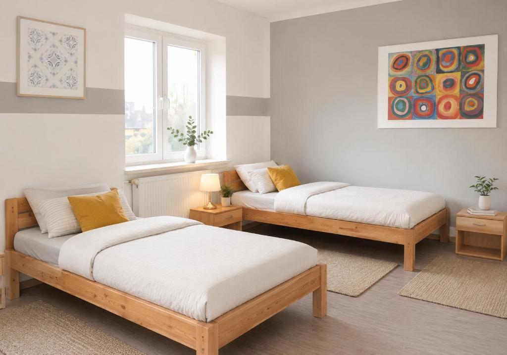 a bedroom with two beds and a window at Apartmenthaus in der Nähe Wolfsburg und VW in Oebisfelde