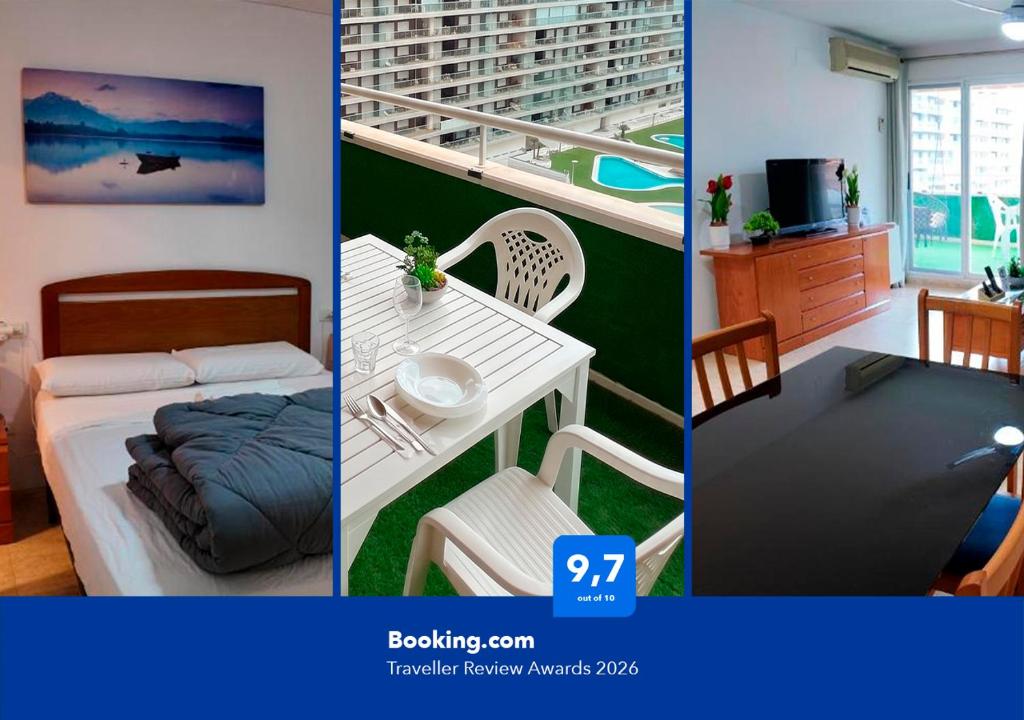 a collage of three pictures of a hotel room at Apartalux Magic Paradise in Oropesa del Mar