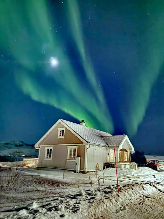 a house with the aurora in the sky at BanPim Beachside Lofoten in Ramberg